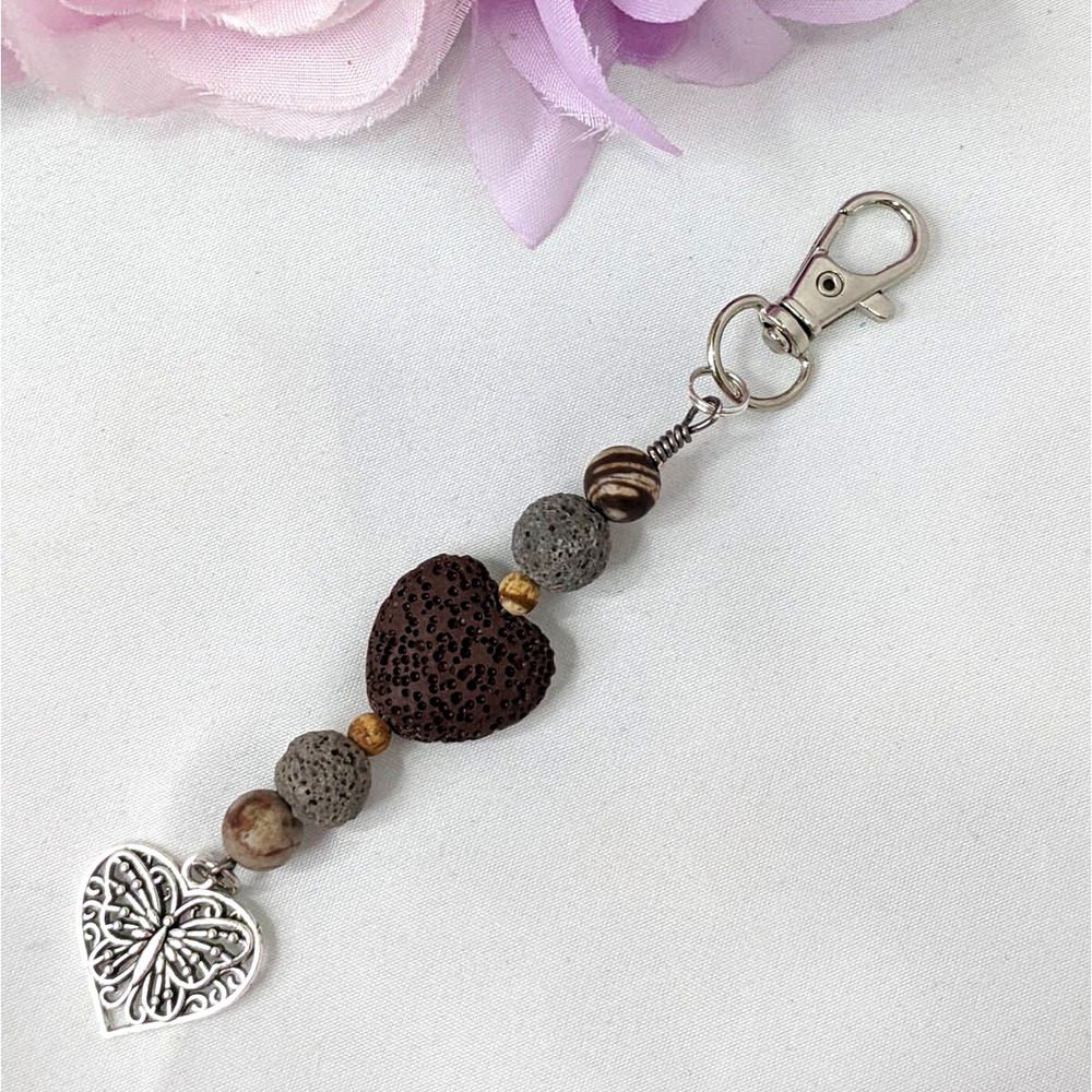 Hand Crafted Brown and Silver Heart Lava Stone Keychain - Picture 5 of 6